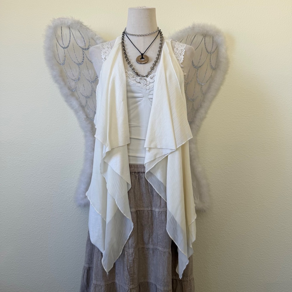 Cream Lace Racerback Tank Top with‎ Crochet Back Detail and Draped Front Vest